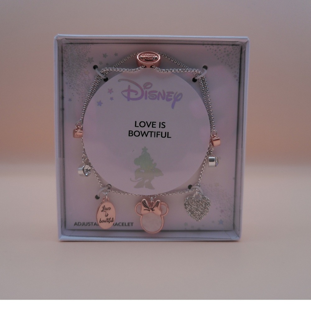 Disney Womens Minnie Mouse Love Is Bowtiful Rose Silver Bolo Charm Bracelet NIB